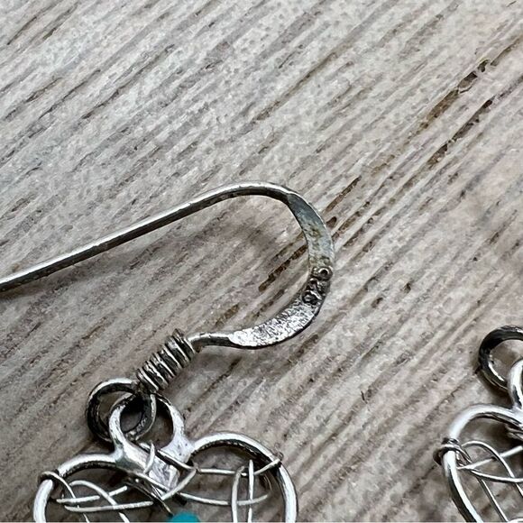 Sterling silver 925 Dreamcatcher heart feather turquoise drop dangle earrings - Picture 4 of 5